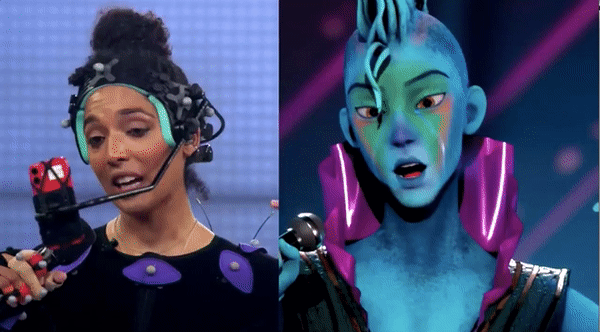 《alter ego》,ar 虚拟形象投射台上,表演者穿着动作捕捉服装藏在幕后