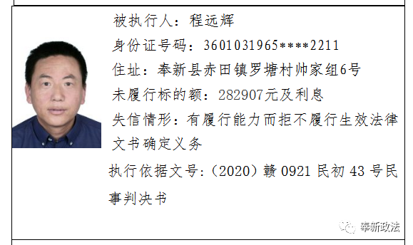 奉新县人民法院公布12月份失信人员名单