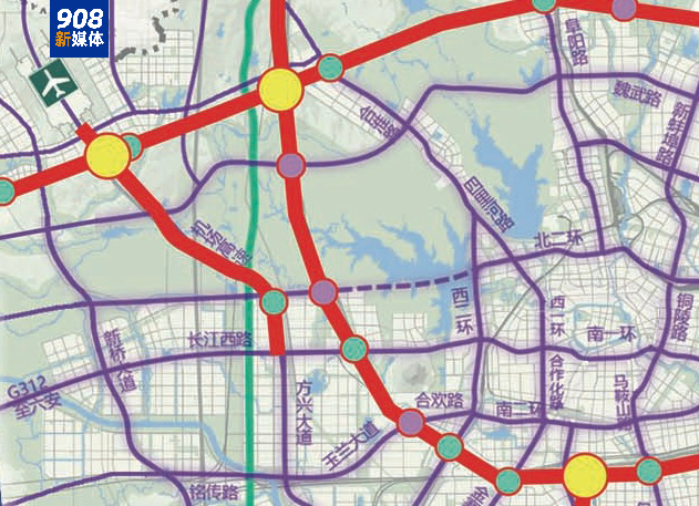 908新媒体将路网规划图进行局部放大,很明显的看到,合肥市北二环在西