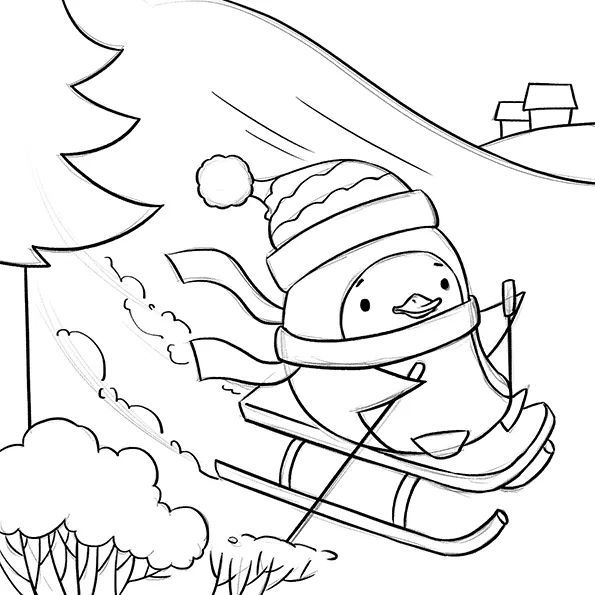 冬天创意少儿美术课程分享冰雪运动题材滑雪的小企鹅