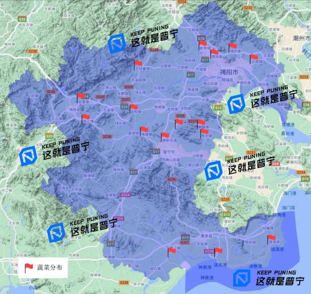 玉米发展区域普宁市(梅塘镇,里湖镇,下架山镇,占陇镇);水稻重点种植