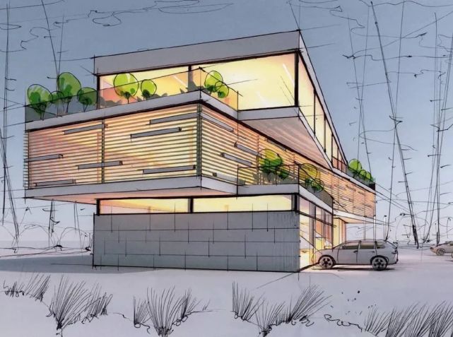 马克笔建筑夜间光感表现|马克笔|手绘|绘画