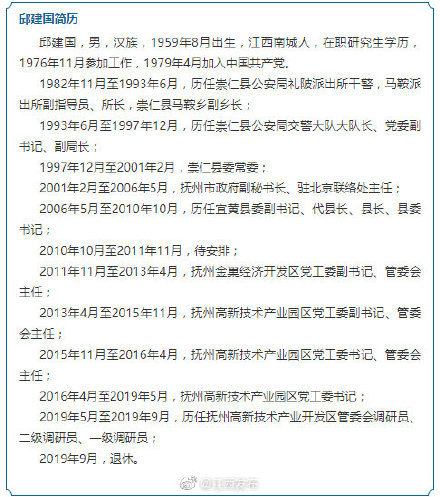 抚州高新技术产业开发区党工委原书记邱建国严重违纪违法被开除党籍
