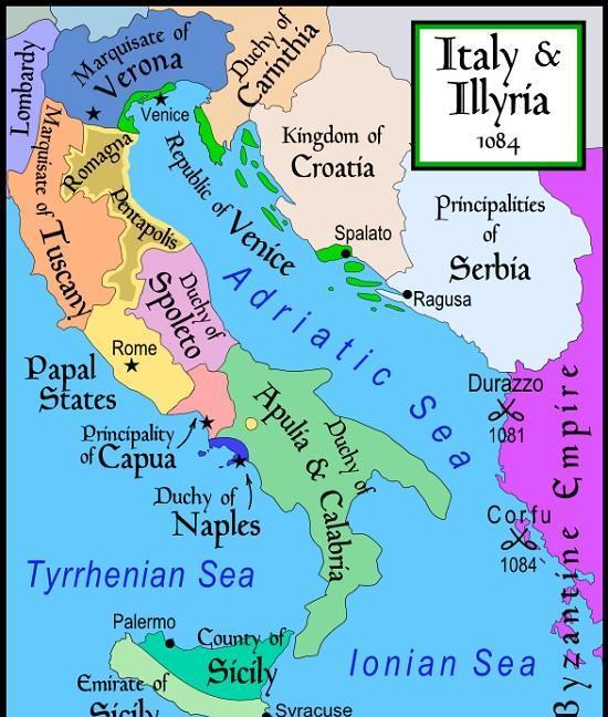 半岛南部浅绿色部分是罗贝尔的公爵国(小黄点是教皇的采邑贝内文托)