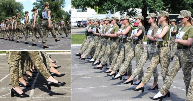 举例来说,在乌军的首都阅兵式中,女兵都要穿着高跟鞋踢正步,即便是
