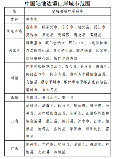 陆地边境口岸城市(与香港,澳门有口岸相连的除外)来(返)内人员需提供