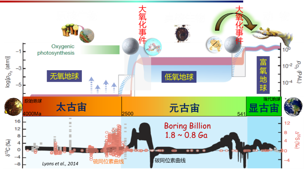 地球演化可分為無氧地球(太古宙時期),低氧地球(元古宙時期)和富氧