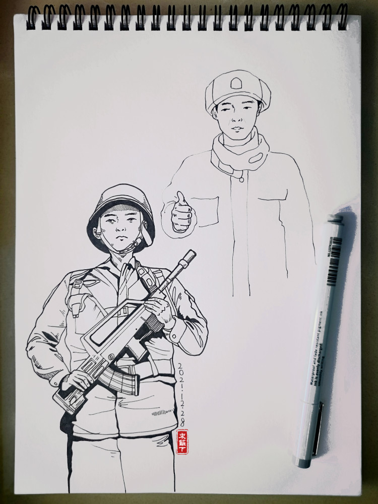 挑战365天正能量速写画第028期卫国戍边英雄王焯冉表弟入伍