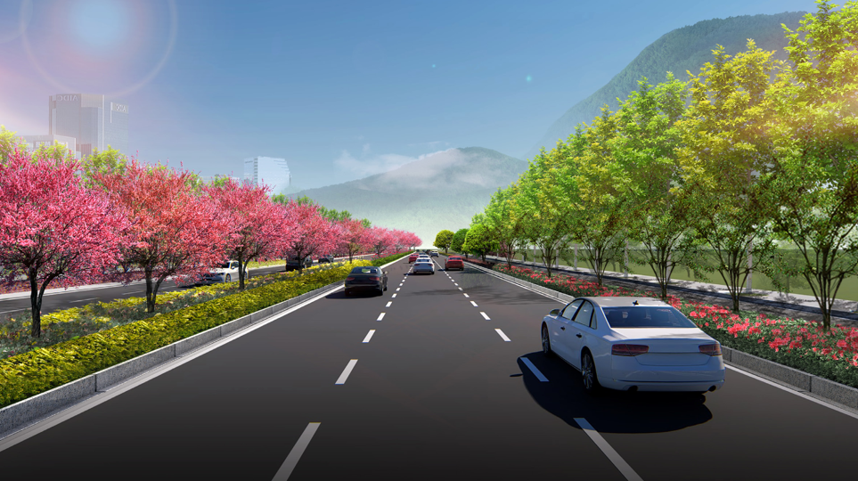 沿山大道一期景观绿化紧扣"十里桃花,沿山通衢"思路