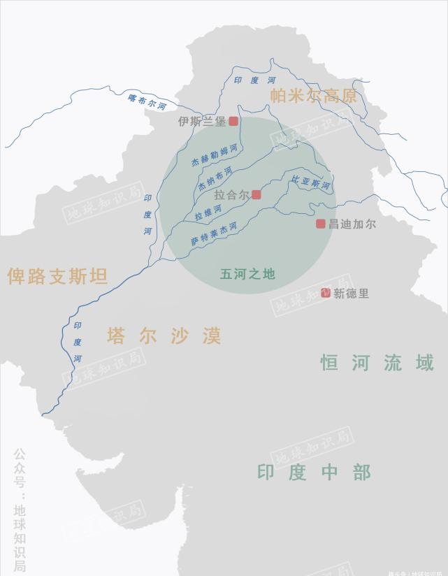 印度北方的"旁遮普"地区,意为"五河之地,印度河的5条支流杰赫勒姆河