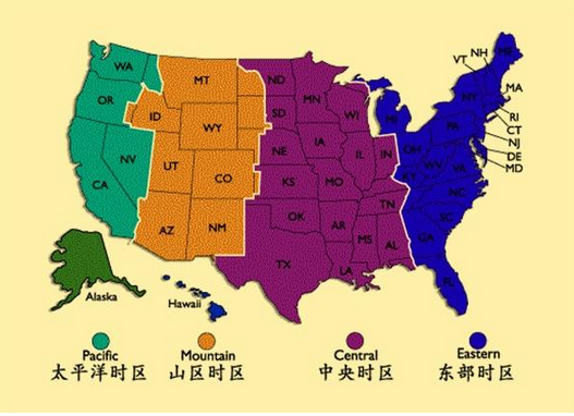 划分会导致一些州横跨两个时区中部时间和东部时间从西往东依次为