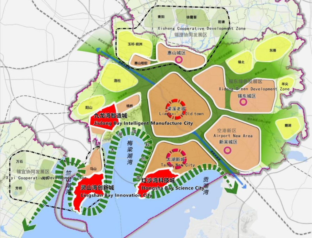 滨湖区亮出"五湾五城拥湖发展"(从东到西依次为:红沙湾科学城,蠡湖湾