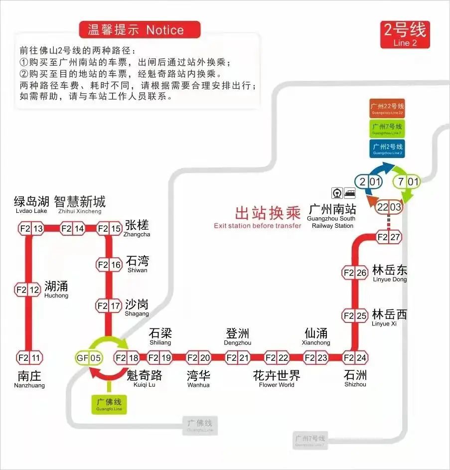 這份廣州地鐵換乘佛山地鐵2號線小貼示收好