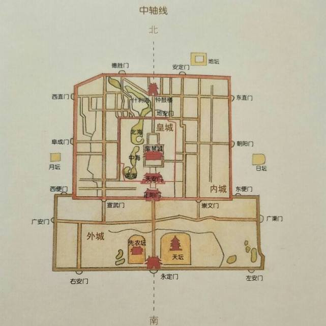 明代北京城平面图1644年,清军入关,明朝灭亡,清朝亦在北京建都,也称