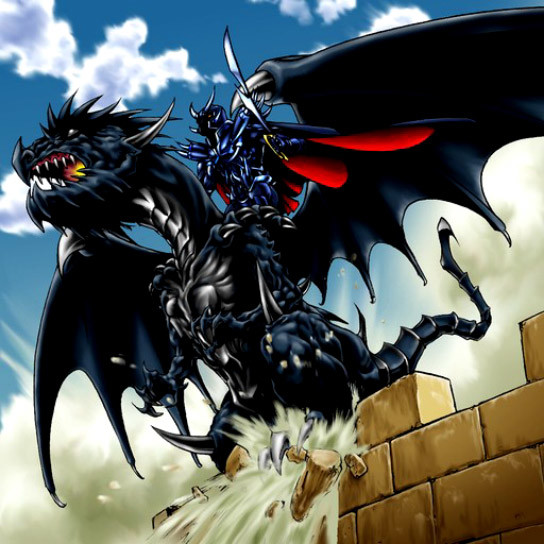 暗黑之剑"力量比"暗魔界的霸王"要弱,但他是一位龙骑士,乘骑"漆黑的斗