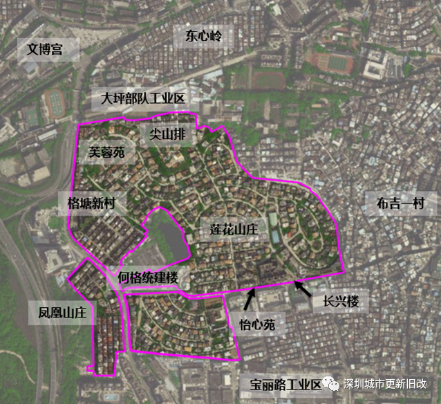 布吉街道莲花山庄片区城市更新单元占地面积约41万㎡,位于龙岗区布吉