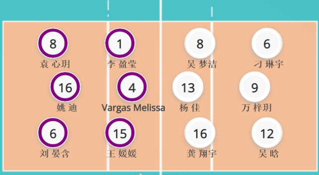 江苏女排:主攻:吴晗,吴梦洁;副攻:杨佳,万梓玥;接应:龚翔宇;二传