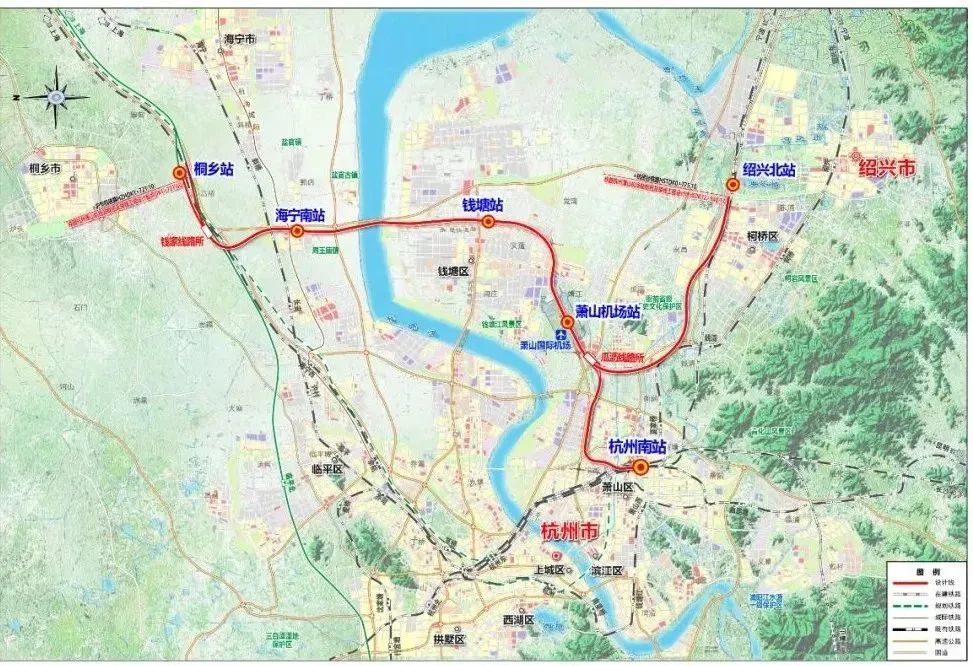 其中杭州蕭山機場鐵路樞紐及接線工程,途經嘉興桐鄉市,海寧市,杭州