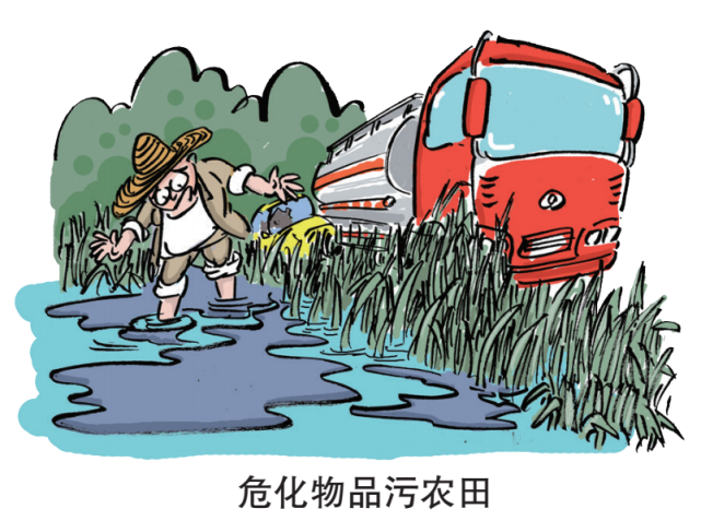 交通事故,罐式货车装载的一甲胺发生泄漏,给当地鱼塘,农田造成污染