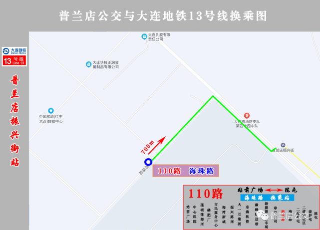 110路公交站"海珠路"轻轨站"普兰店振兴街"步行约700米.