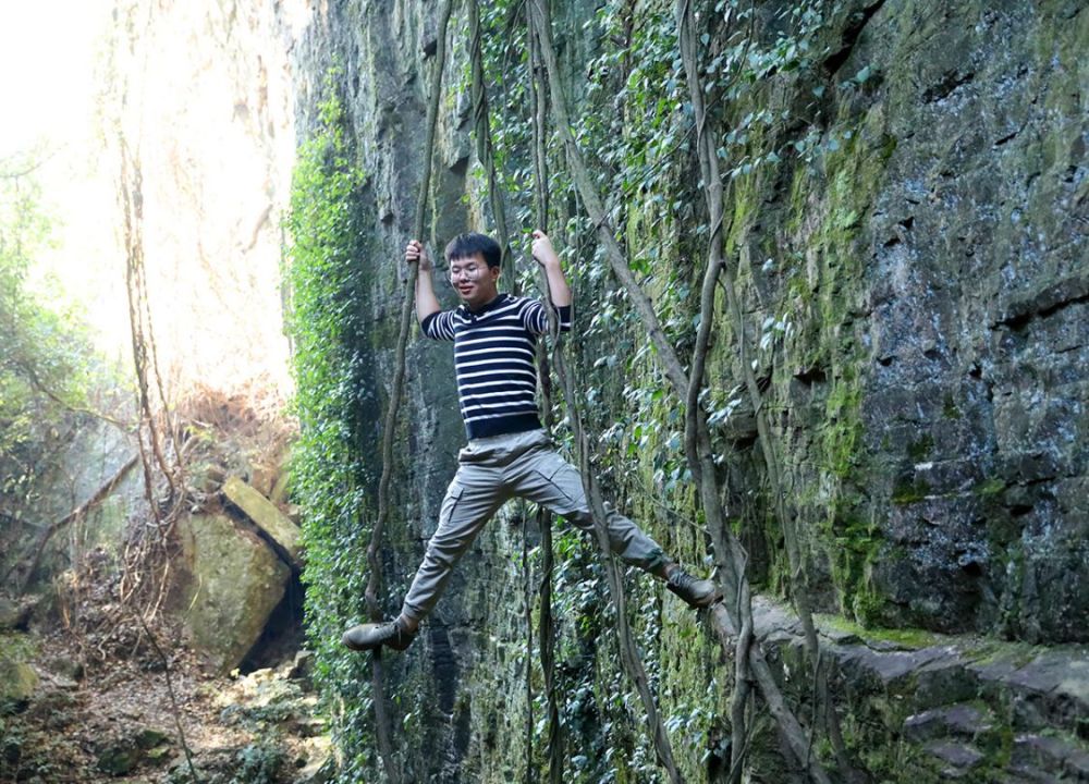 宁波一线天绝壁危岩势如刀切藤蔓横生比碗口粗