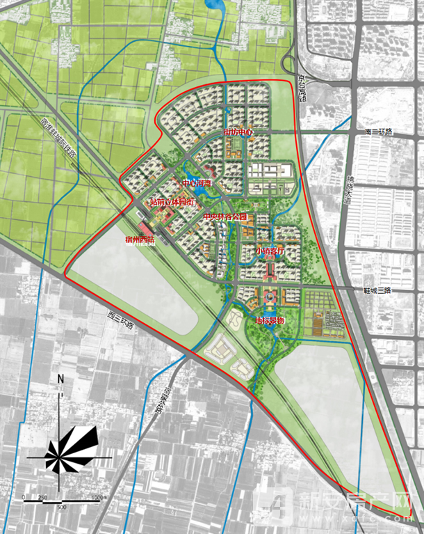 规划用地与城市设计总平面借力宿州城际高铁枢纽建设,强调生态,人文与