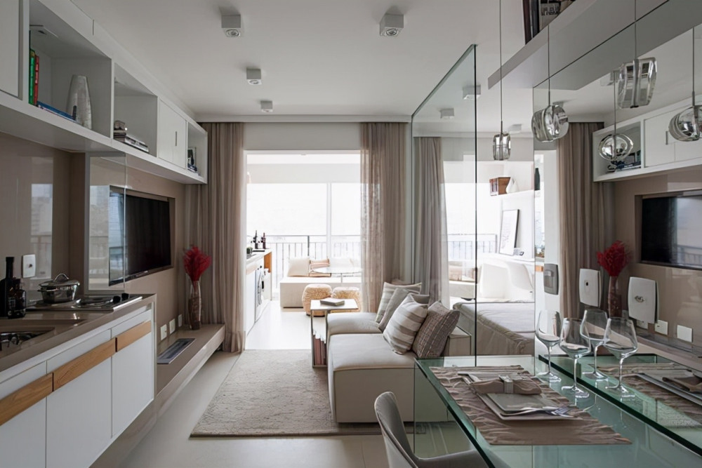 42平方超小户型装修全屋用玻璃来做隔断非常宽敞透亮