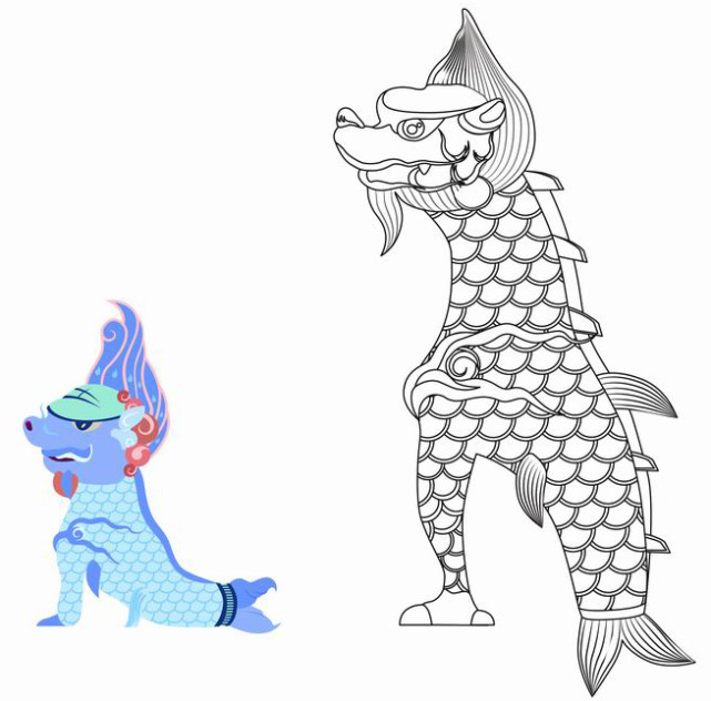 龙头鱼身,也被称为鳌鱼.狎鱼与下雨谐音,寓意兴风作雨,灭火防灾.