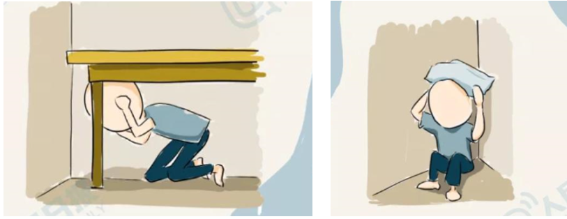 如果没有可抓的固定物或保护头部的物件,则应采取自我保护姿势:头尽量