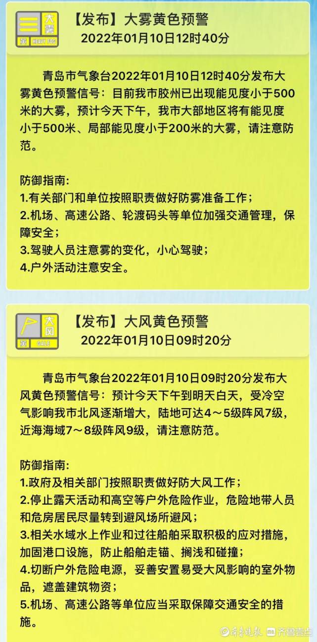 青岛发布大雾,大风黄色预警