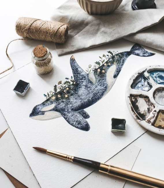 她在水彩颜料中加金箔,画出的鲸鱼闪着耀眼的光,优雅又迷人