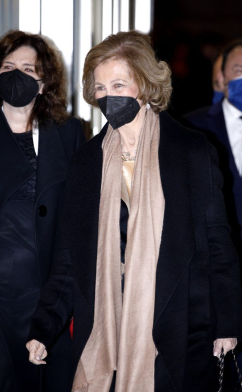 索菲亚新年首秀全黑造型系着咖色系围巾尽显八旬太后雍容华贵