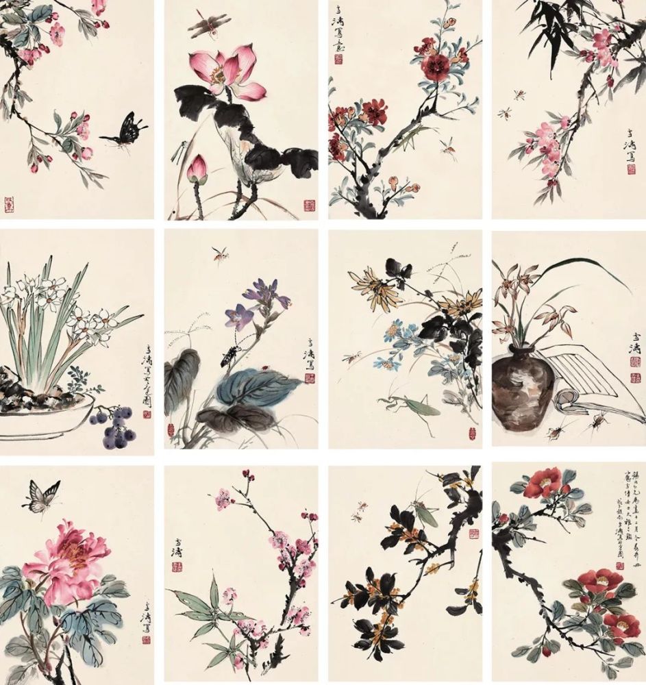 王雪涛 十二月令花卉册册页(十二开) 设色纸本尺寸34.5×24 cm,约0.