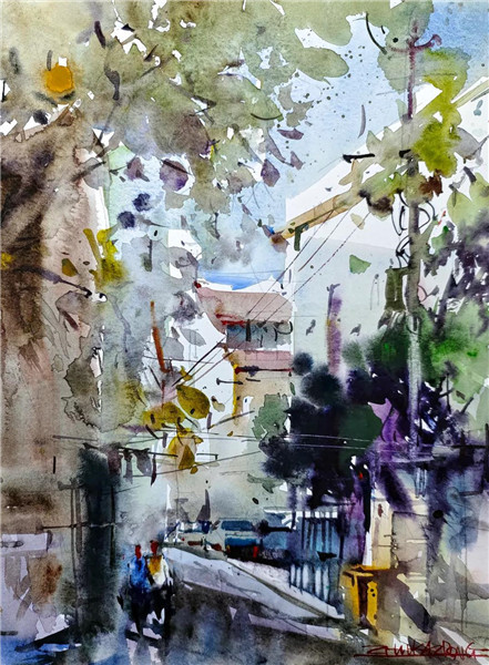 十一幅水彩绘出南昌路上的阳光绘出梧桐树下的人影