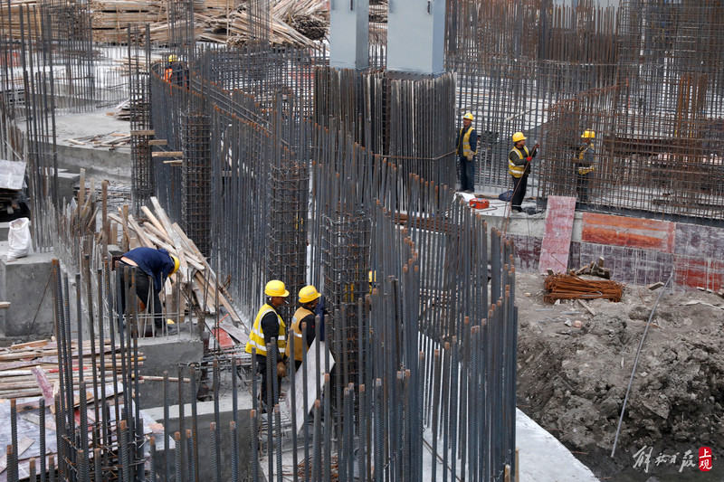 溫室花園項目建設現場,近300位施工人員有序分工,鋼結構吊裝,綁紮鋼筋