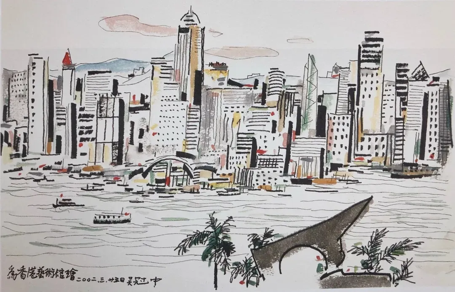 中国美术馆藏水墨设色,宣纸1997,145×368cm吴冠中 都市之夜光色摇曳