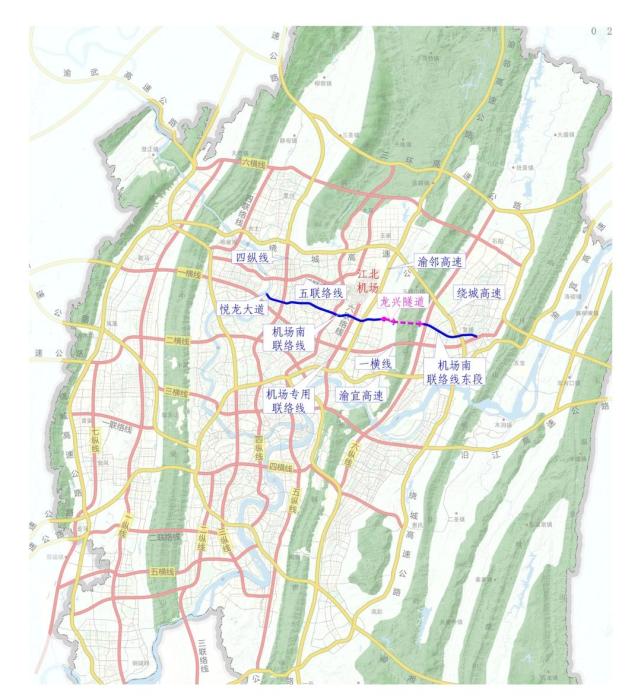 以特长隧道形式穿越铜锣山,在六纵线骑龙岗立交处接机场南联络线东段