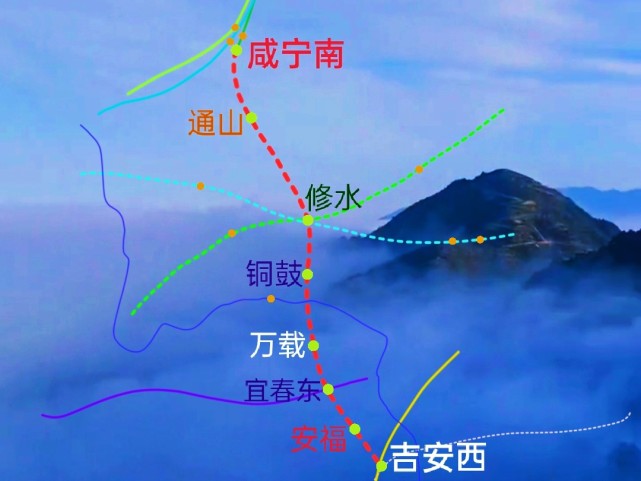 咸修吉铁路走向,这是一条江西,湖北两省研究规划中的直通快线