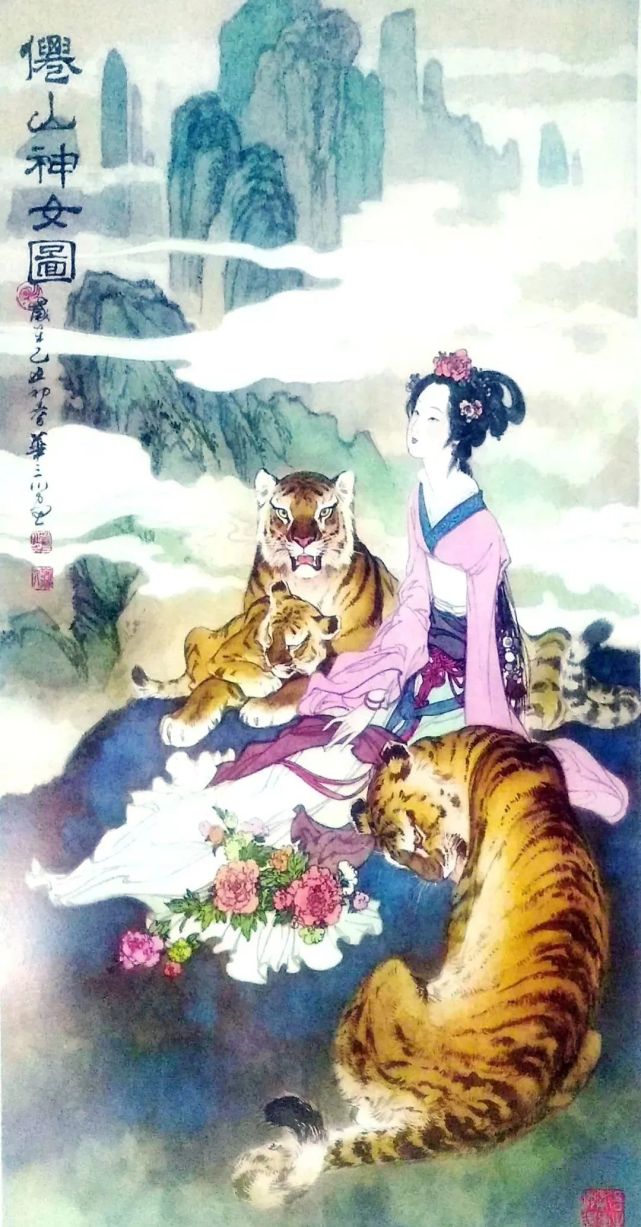画中的仙女,衣着白衫,头戴鲜花,美女与野兽被山林,云雾,花草环绕,画风