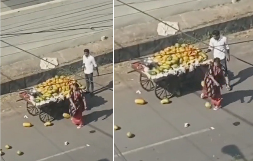 印度一妇女因被水果小贩撞了车当街将其水果扔在地上中央领导人在逝的