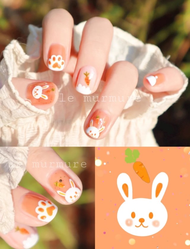 软萌治愈系可爱小奶兔童趣手绘美甲