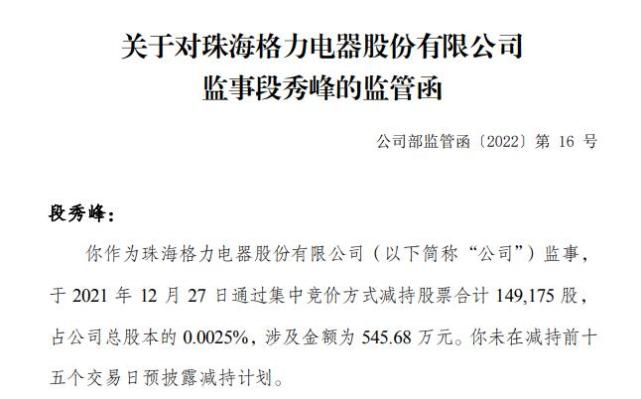违规减持近15万股 格力电器监事段秀峰收监管函