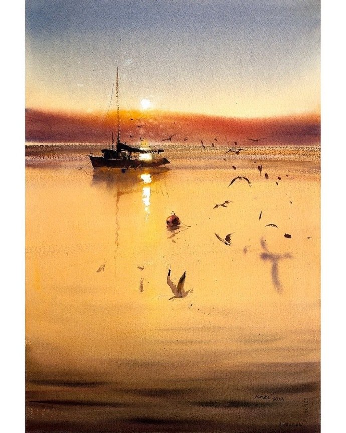 风景绘:意境悠远的水彩风景画,水上风光,画师67bhupinder singh