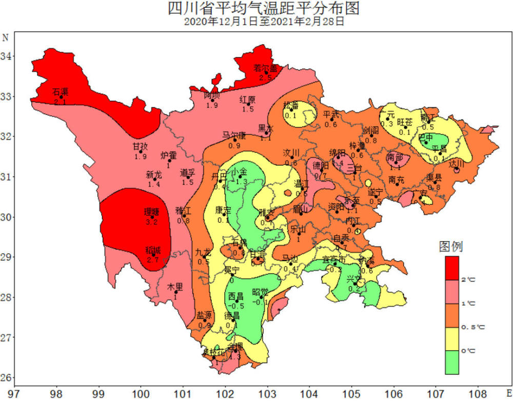 2021年冬季(2020年12月1日-2021年2月28日)平均氣溫距平分佈圖10月