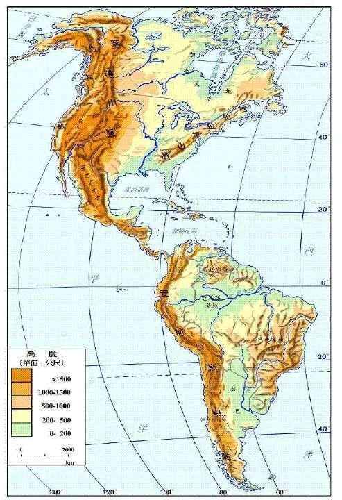美洲大陆地形图美洲这些屏障造成的一些后果值得一提.