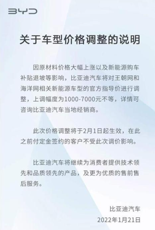 比亚迪宣布新能源车型涨价，幅度为1000-7000元不等(图1)