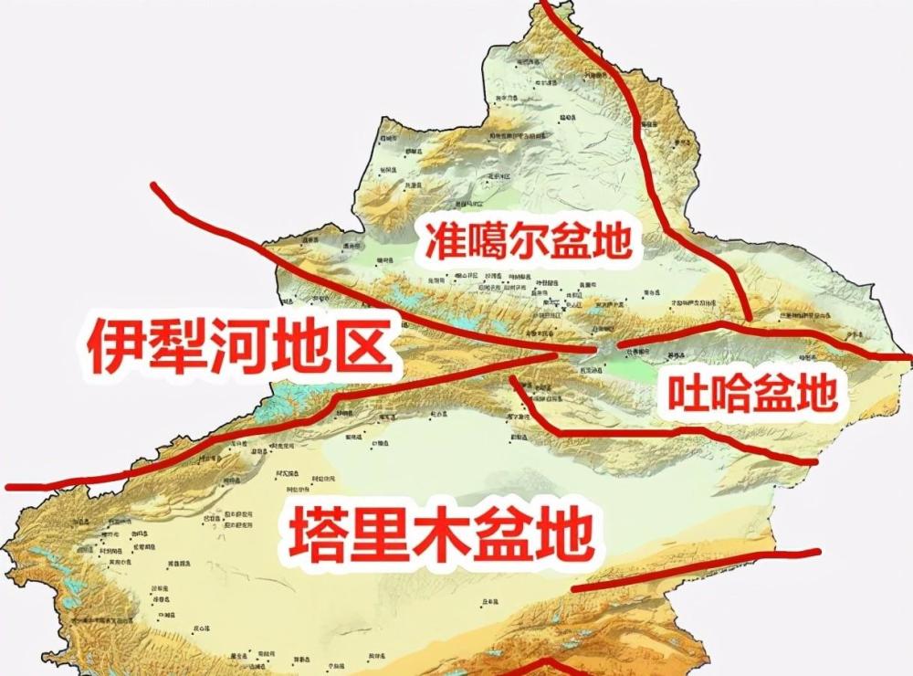 北部,准噶尔盆地;南部,塔里木盆地;西部,伊犁河谷;东部,吐哈盆地.