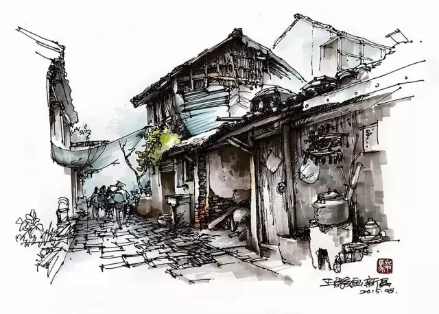 淡彩建筑风景王骏钢笔画作品