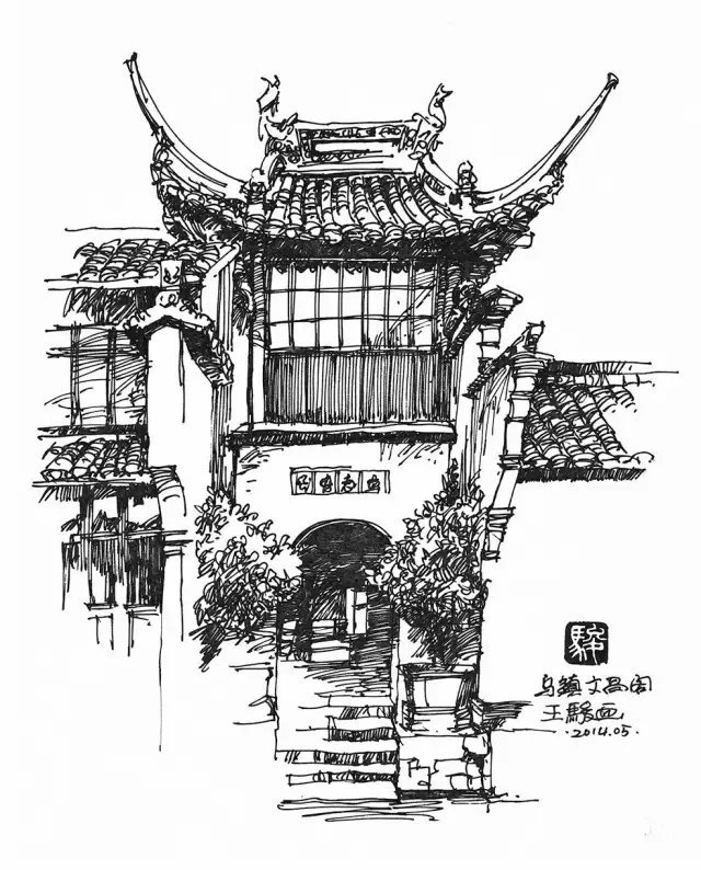 淡彩建筑风景王骏钢笔画作品
