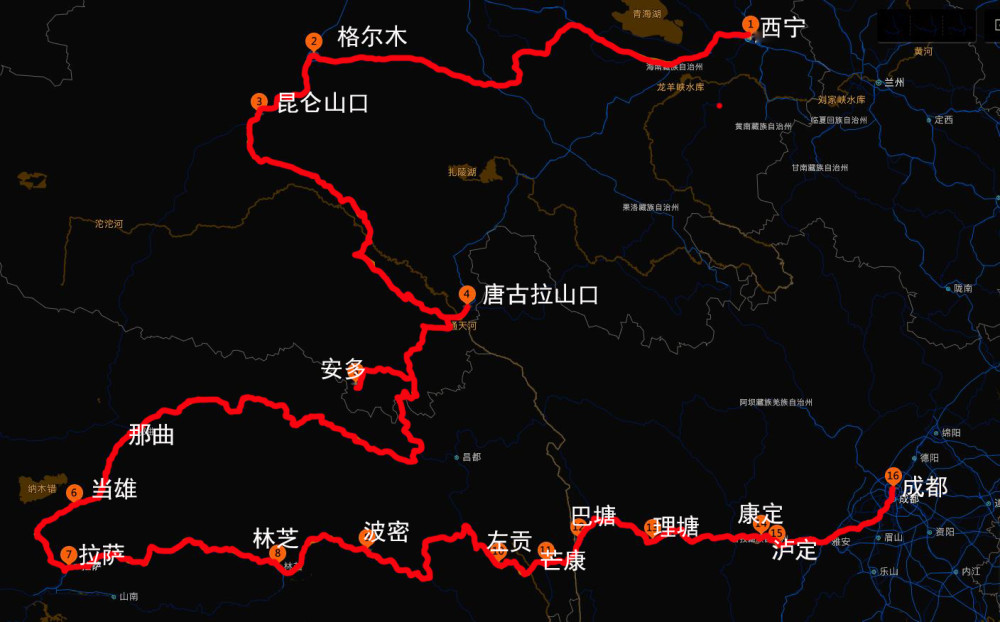 這條線路的主要節點是:拉薩——羊八井——當雄——那曲——唐古拉山